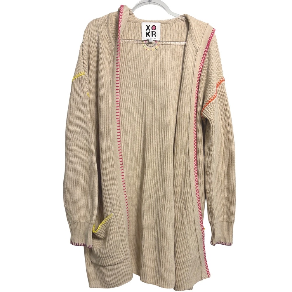 XO Kerri Rosenthal Beige Knit Hooded Long‎ Cardigan Sweater M Colorful Stitch